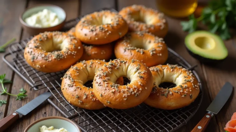 "Homemade sourdough bagels topped with cream cheese and fresh vegetables, served on a wooden board."
