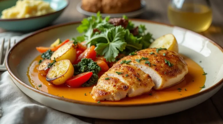 "Close-up of a beautifully plated grilled chicken breast served with roasted vegetables, mashed potatoes, and a fresh green salad, garnished with herbs and a light sauce drizzle."
