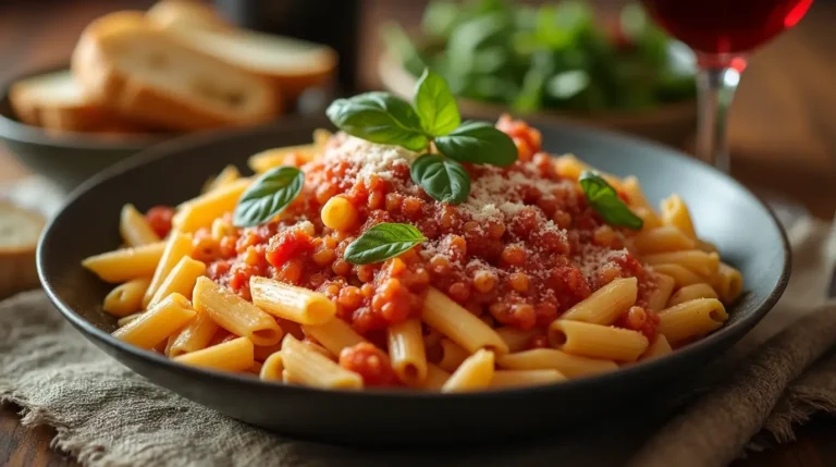 A delicious plate of homemade macaroni penne pasta with rich tomato sauce, fresh basil, grated Parmesan, and a side of garlic bread, set on a rustic wooden table with a cozy ambiance.