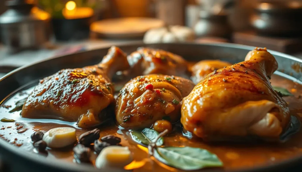 adobo chicken thighs cooking in a pot